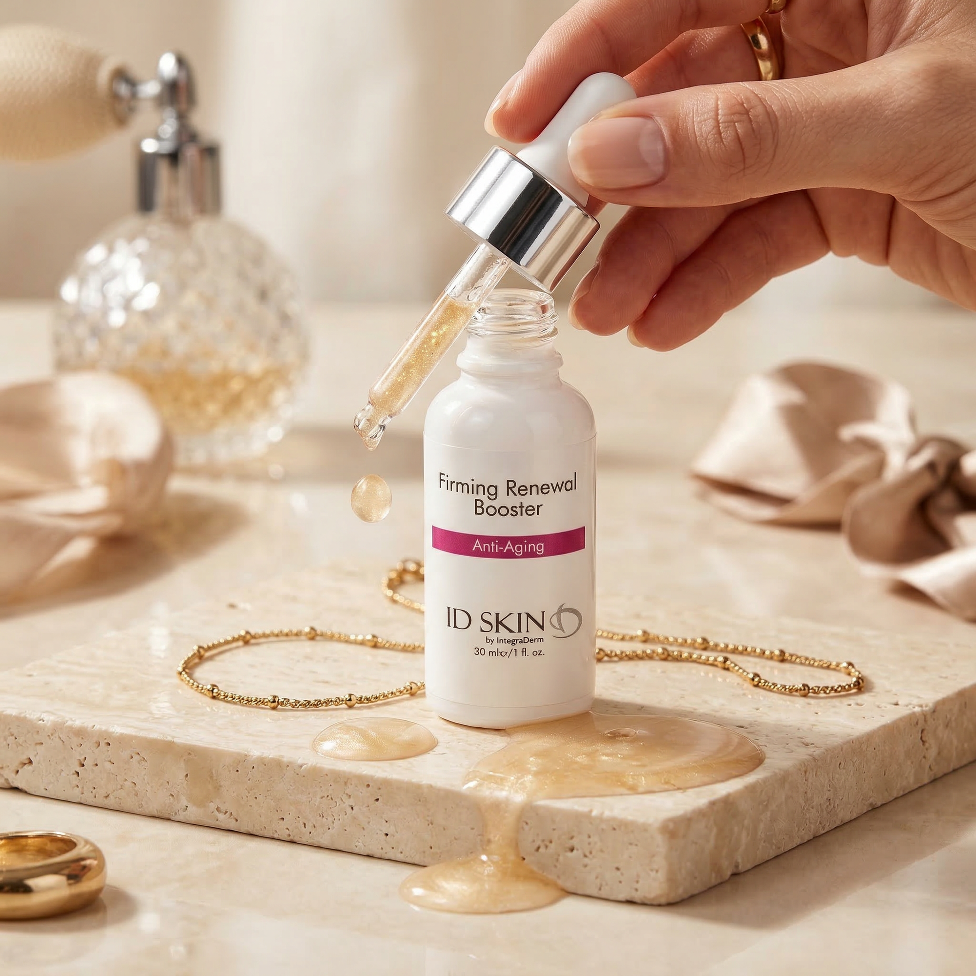 Licensed esthetician applying ID Skin Firming Renewal Booster retinol serum during professional anti-aging facial treatment